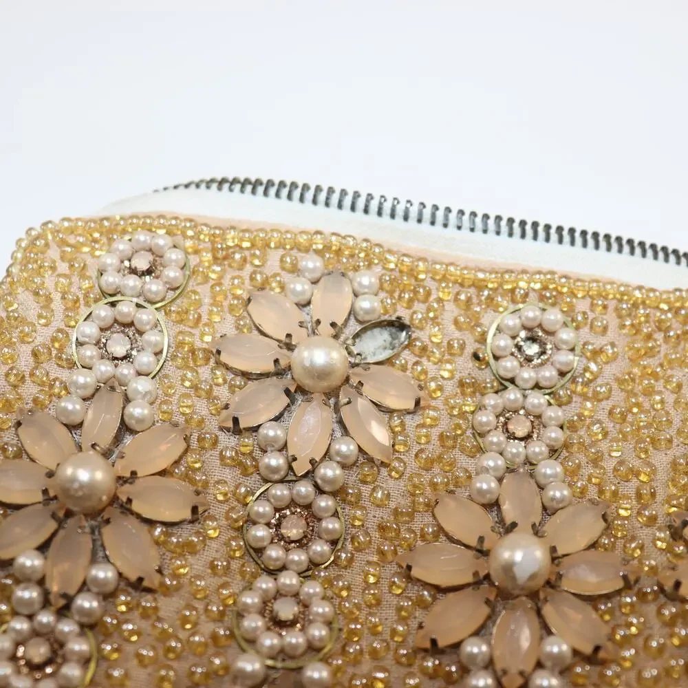 Vintage Beaded Floral Clutch w/ Pearls &‎ Gems – Gold Satin Lining